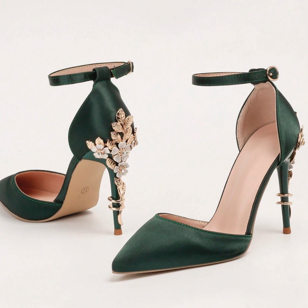 Green Satin High Heel Shoes Embellished Flowers Metal Gold Detail